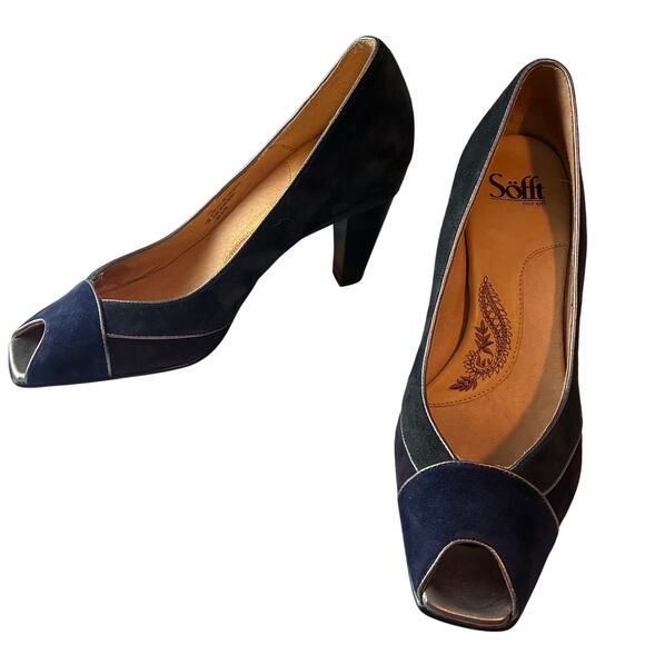Sofft Black Suede Pumps Peep Toe Comfort Colorblock Heels Size 10M Jewel Tones - Picture 1 of 11